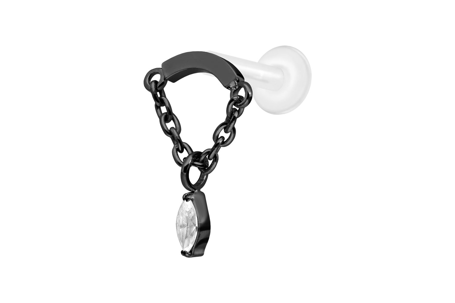 PTFE Labret Piercing mit Innengewinde + Titan-Aufsatz BOGEN + KETTE + KRISTALLTROPFEN